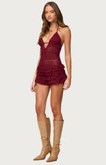 Edikted Lanney Ruffled Sheer Lacey Romper