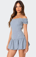 Edikted Gingham Off Shoulder Bubble Mini Dress
