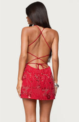 Edikted Annalee Backless Beaded Chiffon Mini Dress