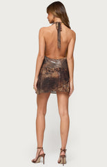 Edikted Printed Mesh Metallic Cowl Neck Mini Dress