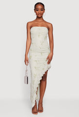 Rhinestone Floral Mesh Ruffle Trim Asymmetrical Dress