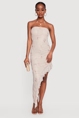 Rhinestone Floral Mesh Ruffle Trim Asymmetrical Dress