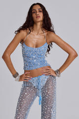 Deva Sequin Knit Corset Top in Sky