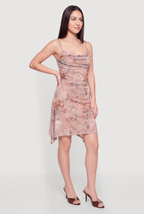 Floral Mesh Side Ruched Cowl Neck Dress