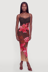 Floral Cowl Neck Bustier Mesh Maxi Dress