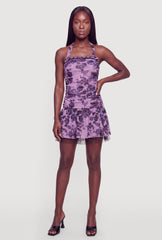 Floral Mesh Ruched Halter Mini Dress