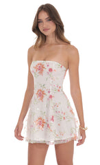 Sequin Floral Strapless Dress-White