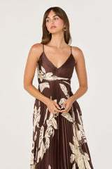 Clea Pleated Satin V-Neck Maxi Dress