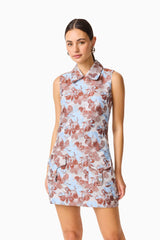 CURAAE Bloomette Shift Mini Dress in Brown and Blue Floral