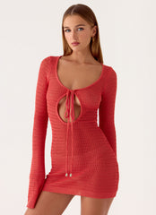Charis Long Sleeve Crochet Mini Dress - Cherry