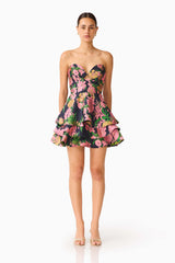 Eclore Tiered Mini Dress in Pink & Black Floral