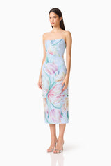 Priselle Strapless Midi Dress in Blue Floral