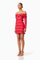 Kimberly Long Sleeve Frill Mini Dress in Red
