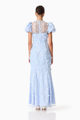 Rina Beaded Puff Sleeve Gown in Blue