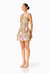 Fiora Tulip Mini Dress in Green & Pink Floral