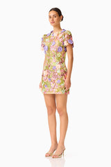 Fiora Shift Mini Dress in Green & Pink Floral