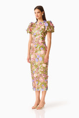 Fiora Puff Sleeve Midi Dress in Green & Pink Floral
