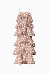 Sola Tiered Maxi Dress in Brown Polkadot