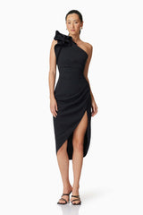 Hazelle One Shoudler Midi Dress in Black