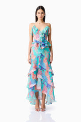 Coral Tiered Gown in Blue Multi