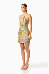 Patricia Strapless Mini Dress in Gold & Purple Floral