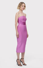 Draped Strapless Fringe Midi Dress