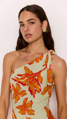 Green & Orange Floral Asymmetric Mini Dress