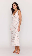 Cream Floral V-Neck Mesh Midi Dress