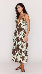 Mint Chocolate Cotton Floral Deep V Midi Dress