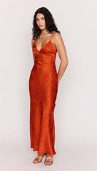 Orange Bead Detailed Satin Bias Midi Dress