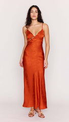 Orange Bead Detailed Satin Bias Midi Dress