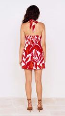 Red Palm Print Halter Neck Mini Dress