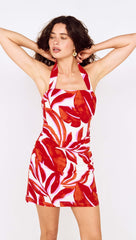 Red Palm Print Halter Neck Mini Dress
