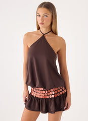 Melosa Beaded Halter Mini Dress - Chocolate