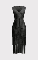 V Neck Foil Fringe Midi Dress