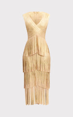 V Neck Foil Fringe Midi Dress