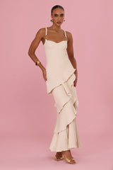 Golden Knit Ruffle Maxi Dress