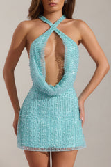 Embellished Cowl-Neck Backless Mini Dress in Aquamarine