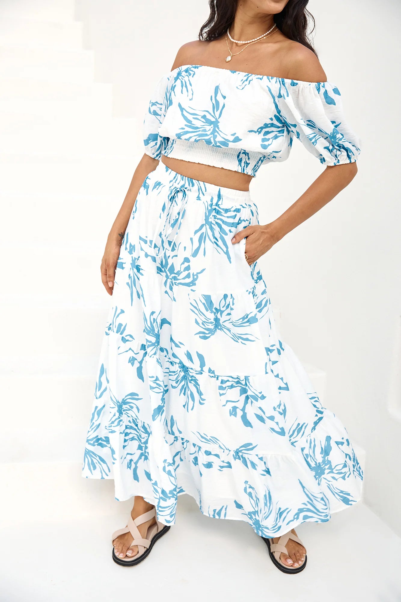 Island Whisper Off Shoulder Crop Top Blue