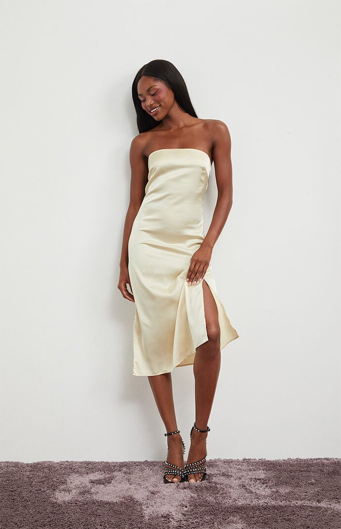 Beverly and Beck Strapless Satin Midi Dress