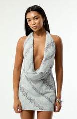 Third Charm Jade Snake Print Cowl Mini Dress