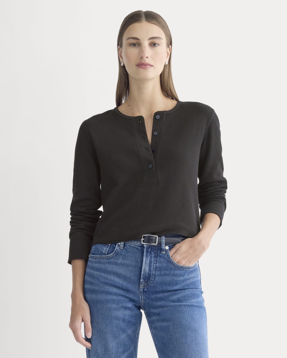 Boxy Henley In Cozy Waffle | Black