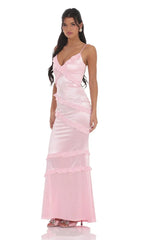 Satin V-Neck Ruffle Mermaid Maxi Dress in Pink