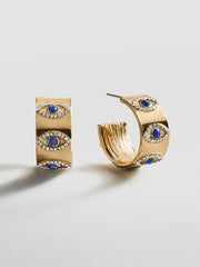 Evil Eye On Repeat Hoop Earrings - Gold/Blue