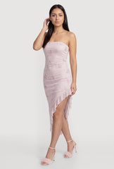 Rhinestone Floral Mesh Ruffle Trim Asymmetrical Dress