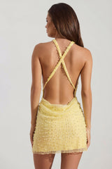 Embellished Cowl-Neck Backless Mini Dress in Limoncello