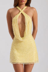 Embellished Cowl-Neck Backless Mini Dress in Limoncello