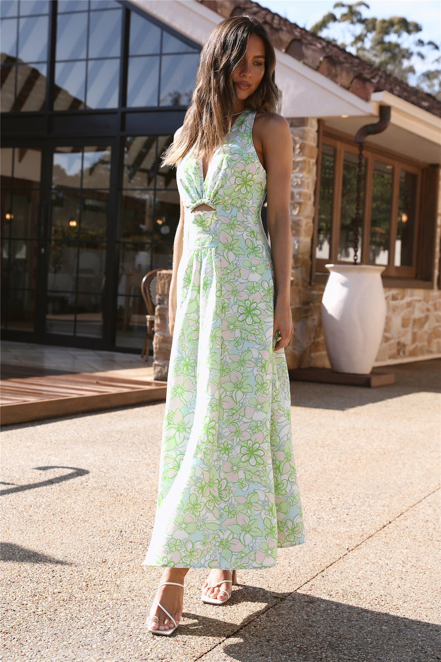 CMEO COLLECTIVE Far Away Midi Dress Green Apple Floral