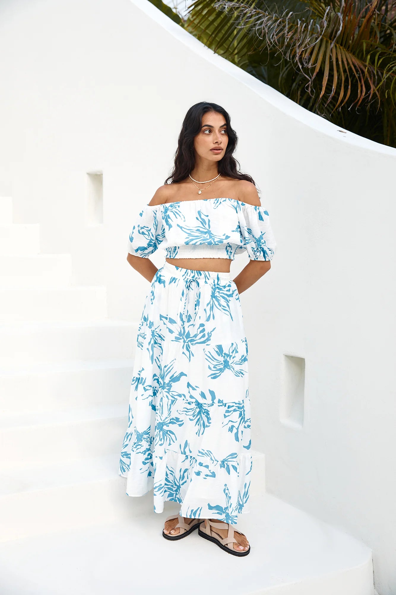 Island Whisper Off Shoulder Crop Top Blue