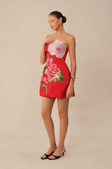 The Guest List Red Strapless Floral Embroidery Mini Dress